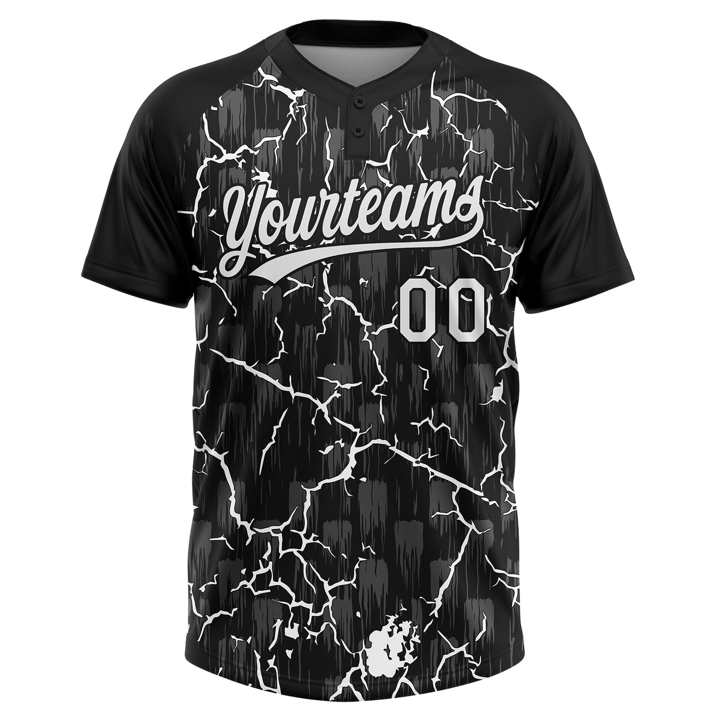 Custom Black White-Gray Raglan Sleeves Neon Lightning Crackle Two-Button Unisex Softball Jersey view 2