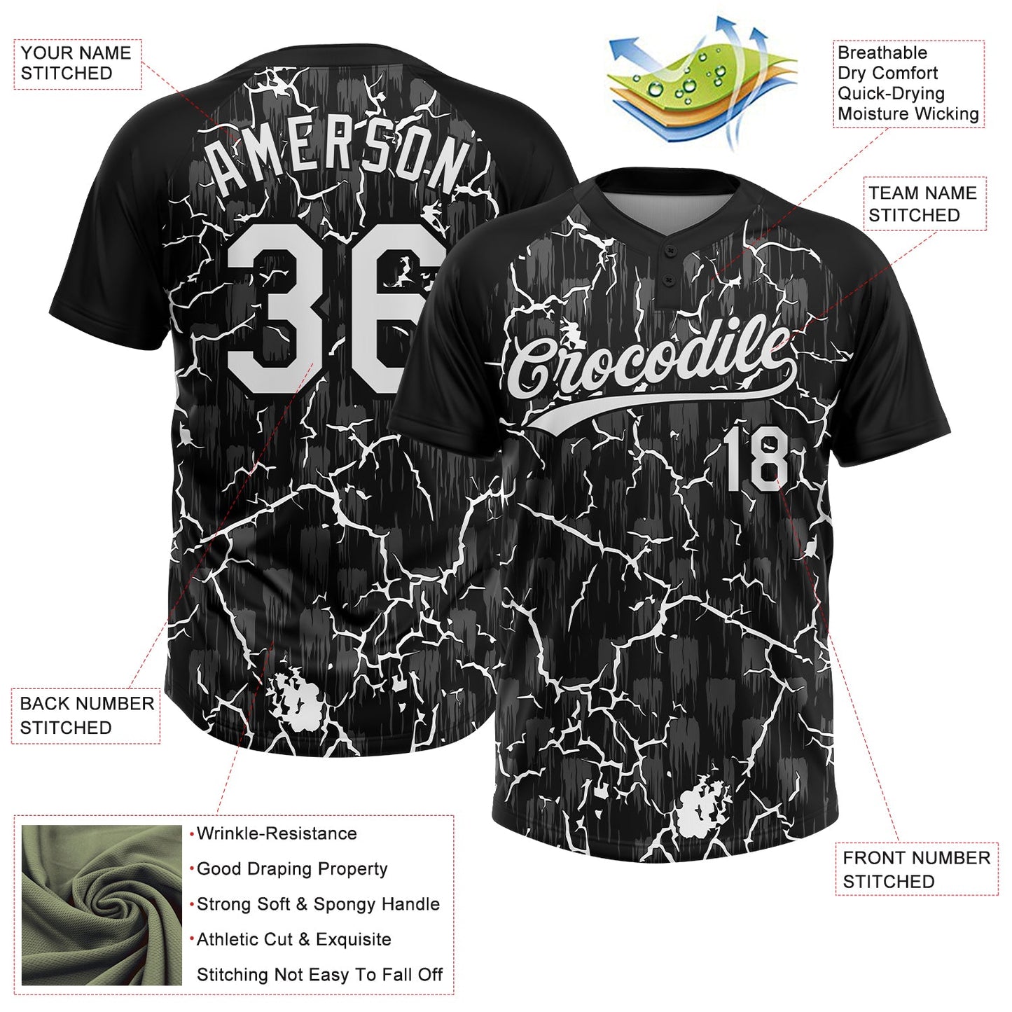 Custom Black White-Gray Raglan Sleeves Neon Lightning Crackle Two-Button Unisex Softball Jersey view 3