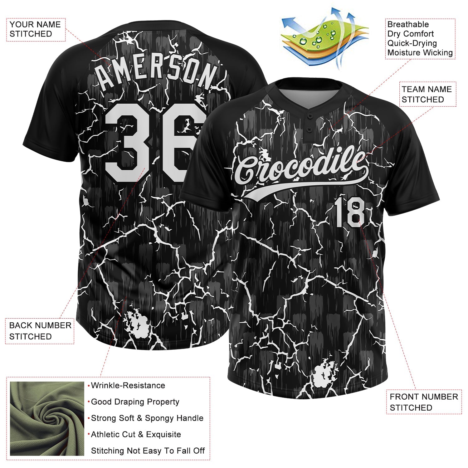 Custom Black White-Gray Raglan Sleeves Neon Lightning Crackle Two-Button Unisex Softball Jersey view 3
