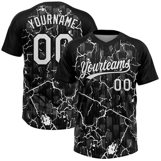 Custom Black White-Gray Raglan Sleeves Neon Lightning Crackle Two-Button Unisex Softball Jersey - Main View