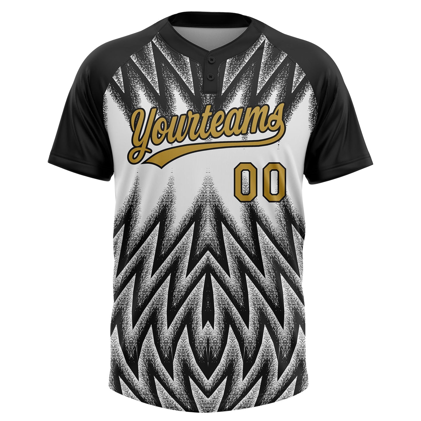 Custom Black Old Gold-White Raglan Sleeves Abstract Geometric Chevron Zigzag Two-Button Unisex Softball Jersey view 2