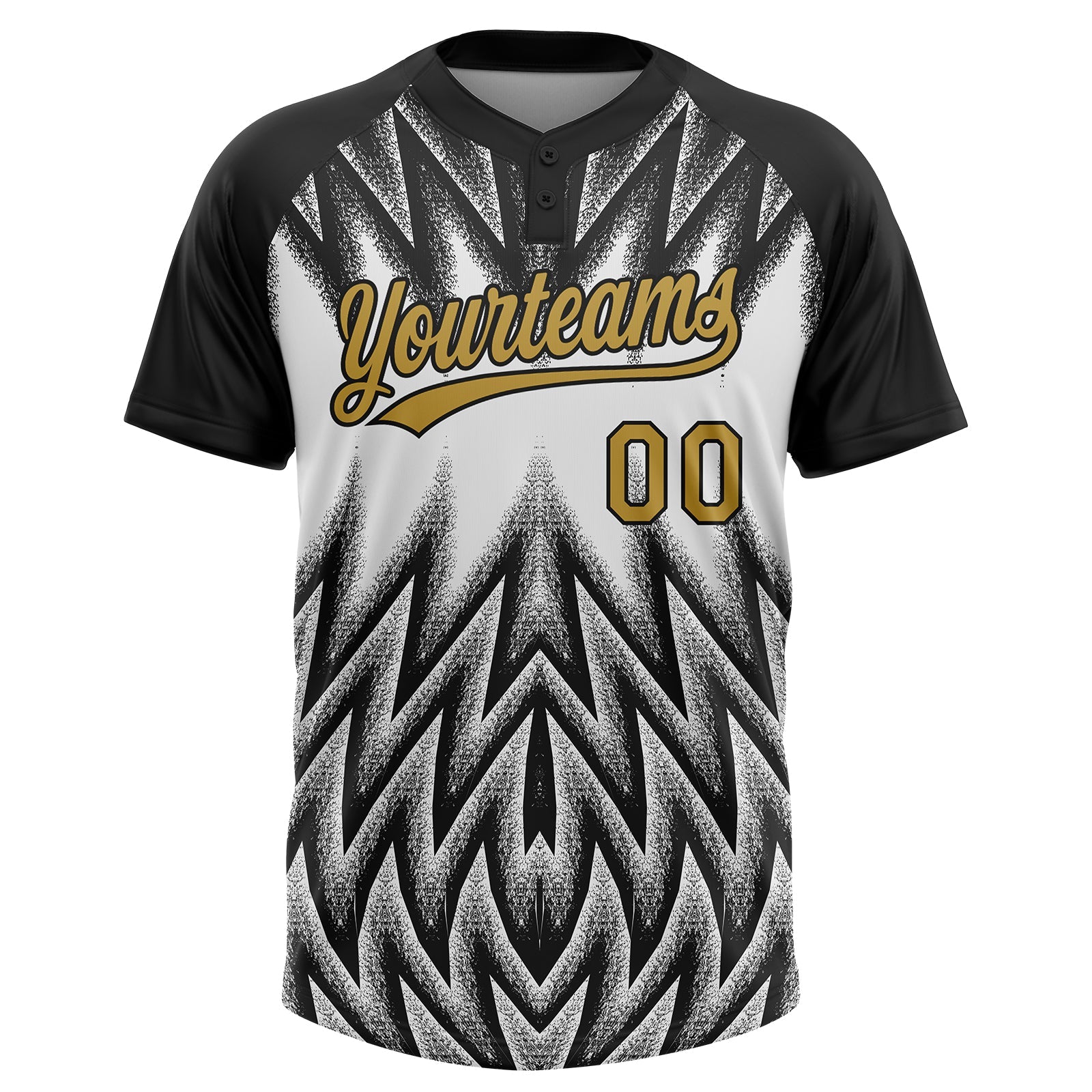 Custom Black Old Gold-White Raglan Sleeves Abstract Geometric Chevron Zigzag Two-Button Unisex Softball Jersey view 2