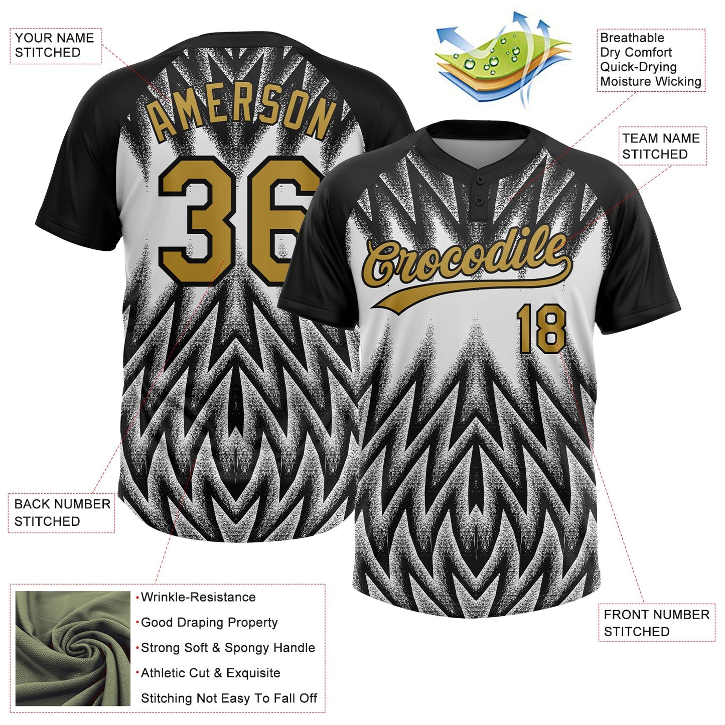 Custom Black Old Gold-White Raglan Sleeves Abstract Geometric Chevron Zigzag Two-Button Unisex Softball Jersey view 3