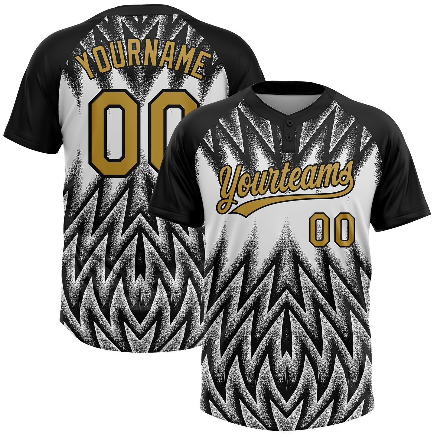 Custom Black Old Gold-White Raglan Sleeves Abstract Geometric Chevron Zigzag Two-Button Unisex Softball Jersey - Main View