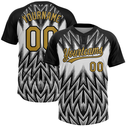 Custom Black Old Gold-White Raglan Sleeves Abstract Geometric Chevron Zigzag Two-Button Unisex Softball Jersey - Main View