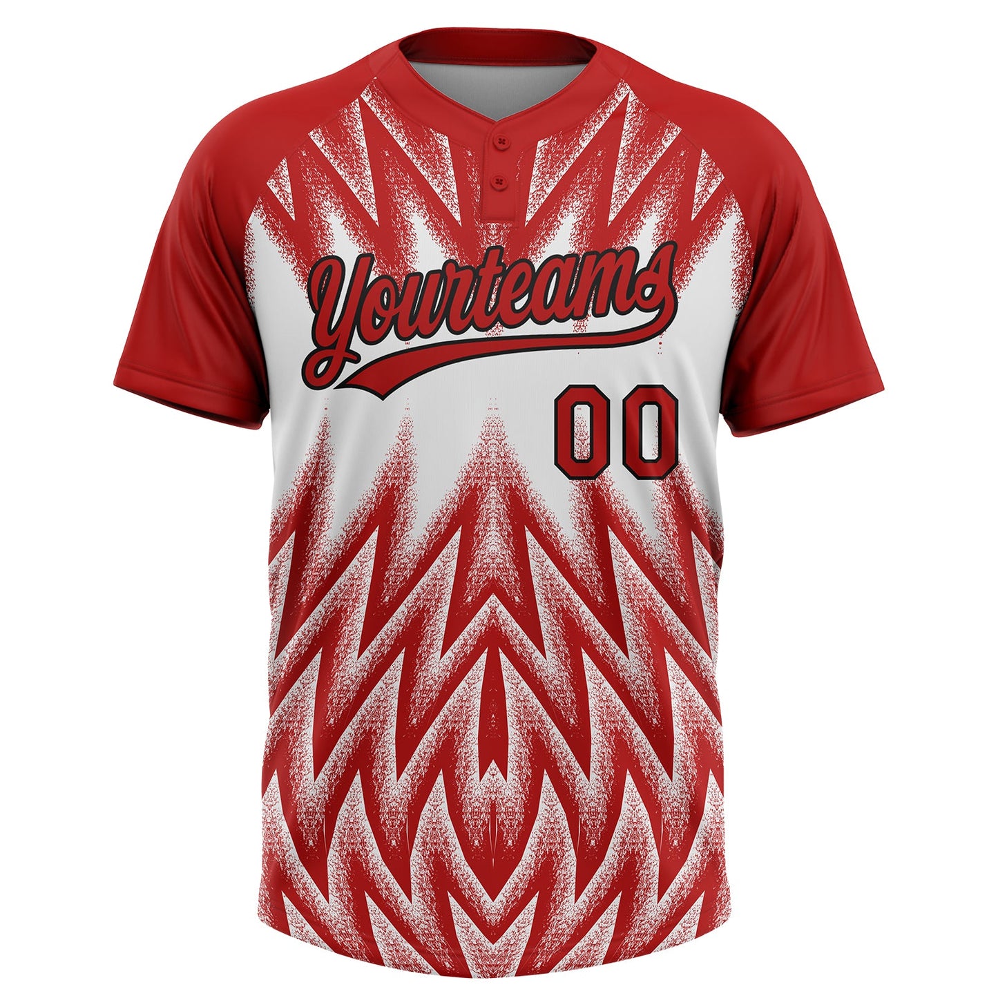 Custom Red White-Black Raglan Sleeves Abstract Geometric Chevron Zigzag Two-Button Unisex Softball Jersey view 2