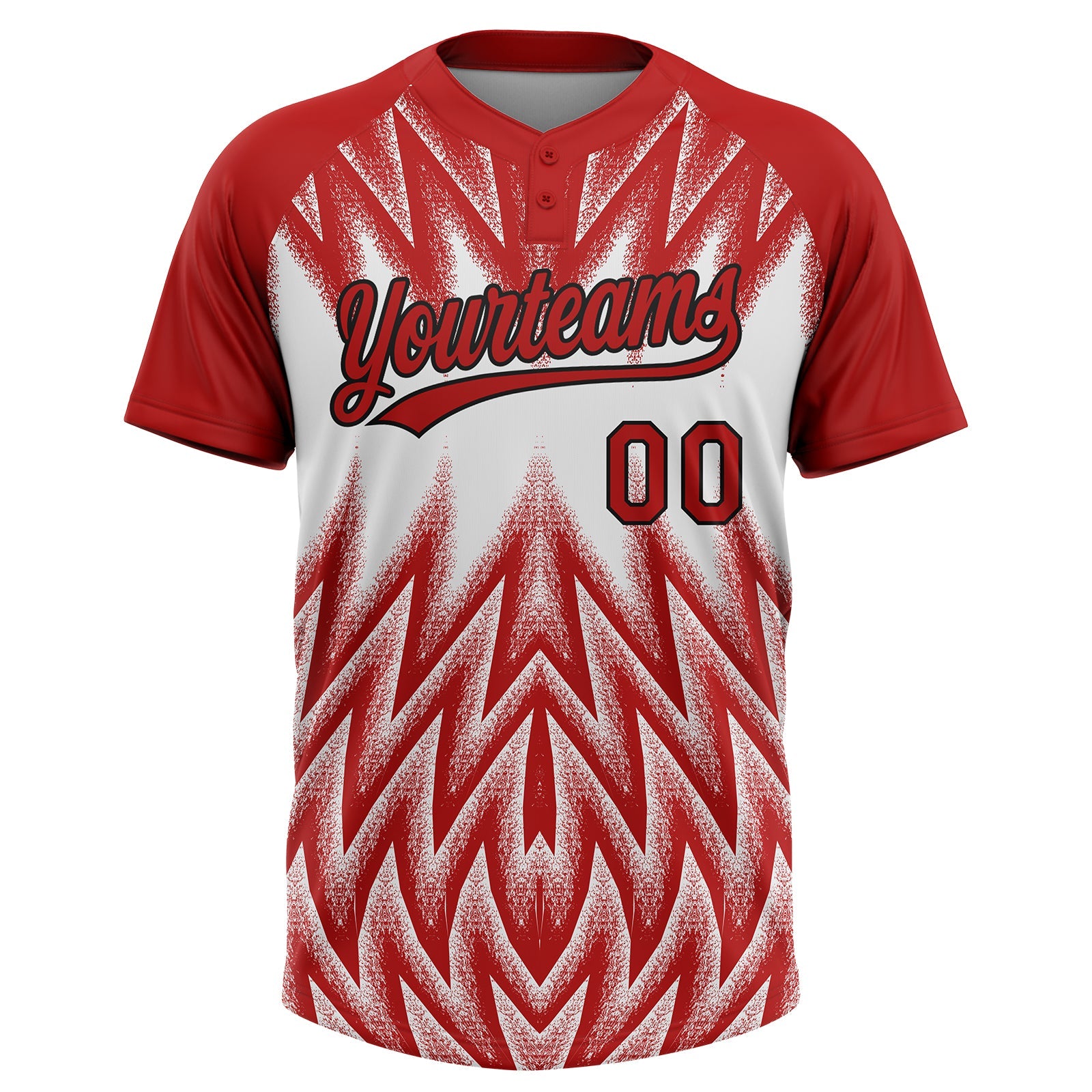 Custom Red White-Black Raglan Sleeves Abstract Geometric Chevron Zigzag Two-Button Unisex Softball Jersey view 2
