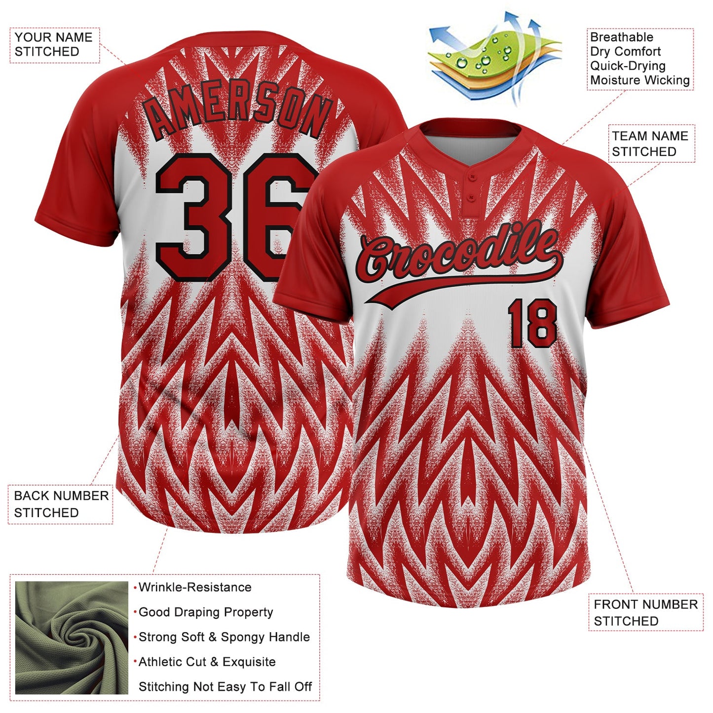 Custom Red White-Black Raglan Sleeves Abstract Geometric Chevron Zigzag Two-Button Unisex Softball Jersey view 3