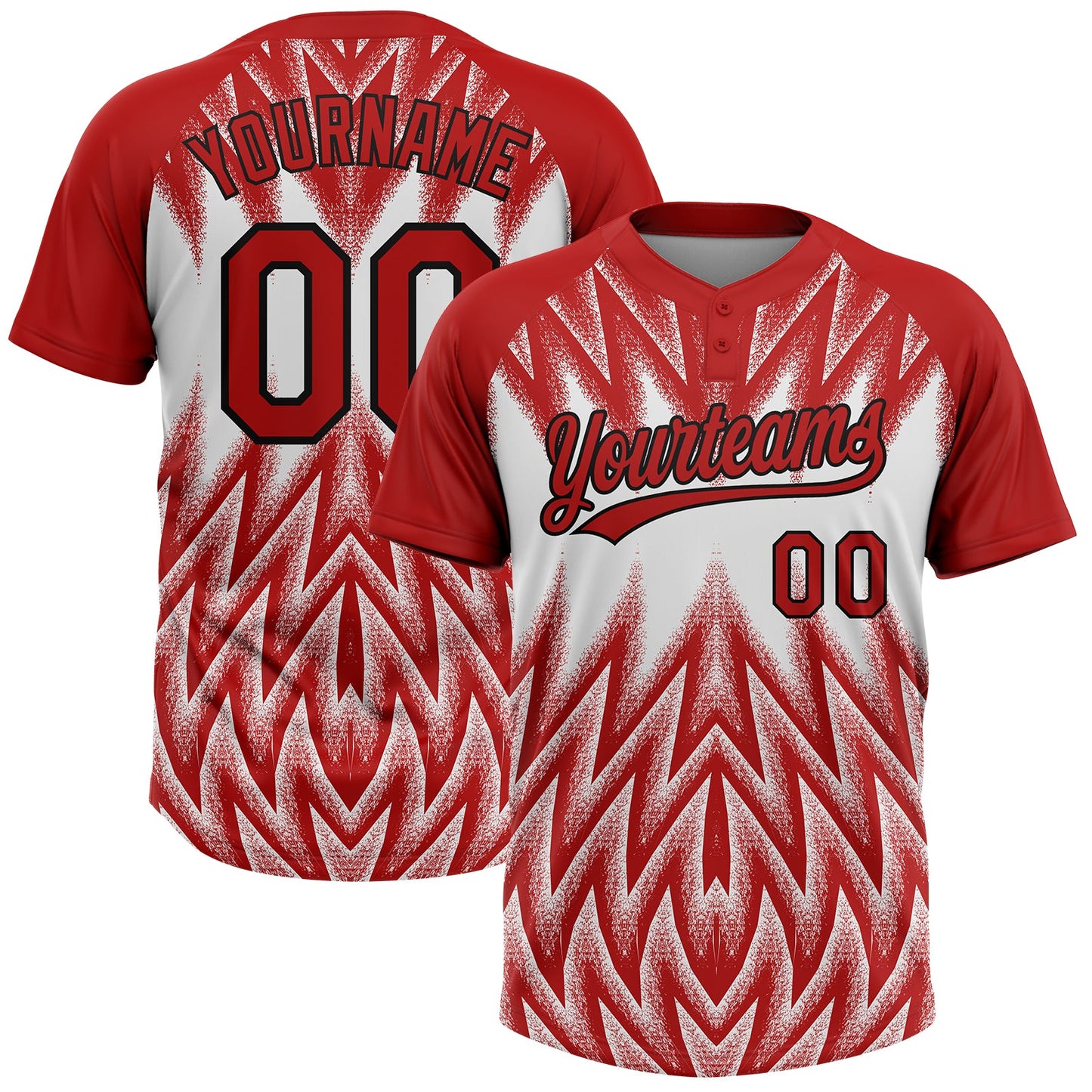 Custom Red White-Black Raglan Sleeves Abstract Geometric Chevron Zigzag Two-Button Unisex Softball Jersey - Main View