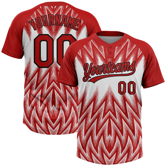 Custom Red White-Black Raglan Sleeves Abstract Geometric Chevron Zigzag Two-Button Unisex Softball Jersey - Main View