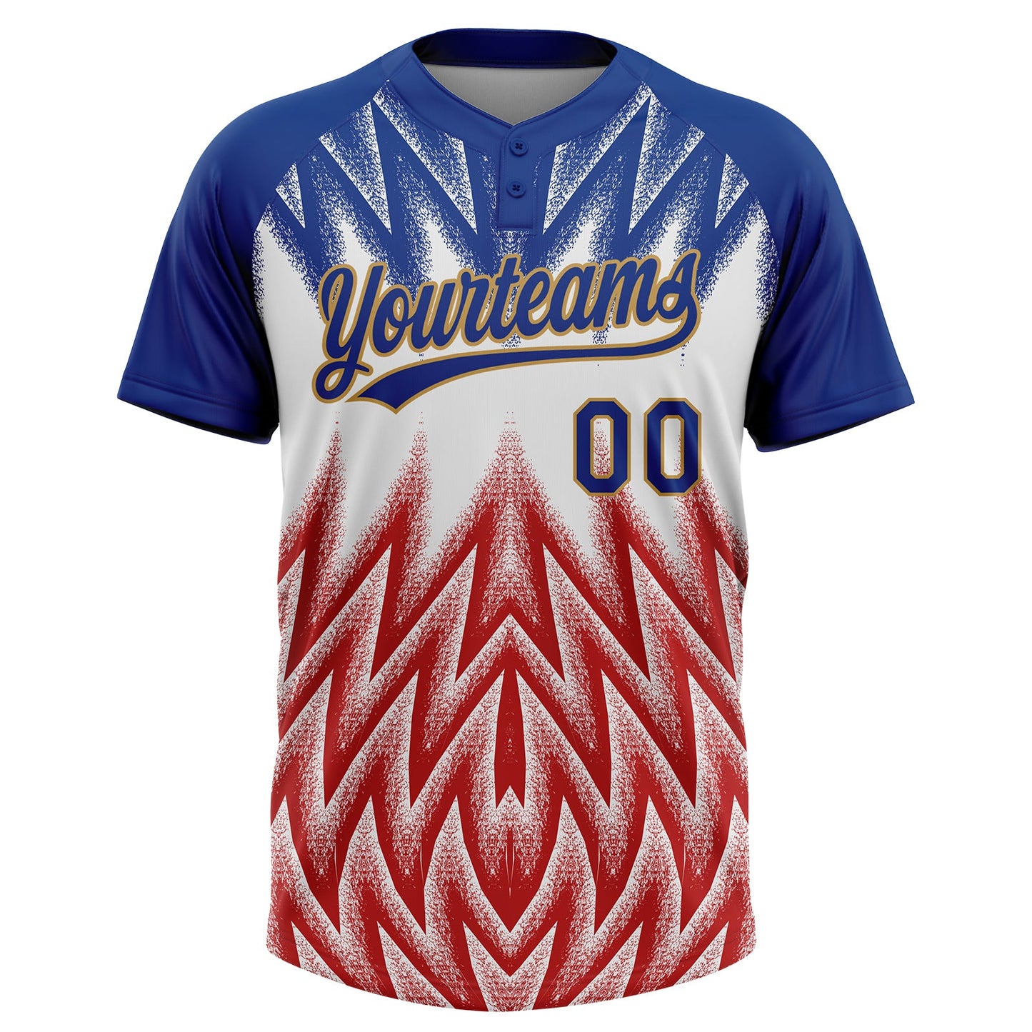 Custom Royal White Red-Old Gold Raglan Sleeves Abstract Geometric Chevron Zigzag Two-Button Unisex Softball Jersey view 2