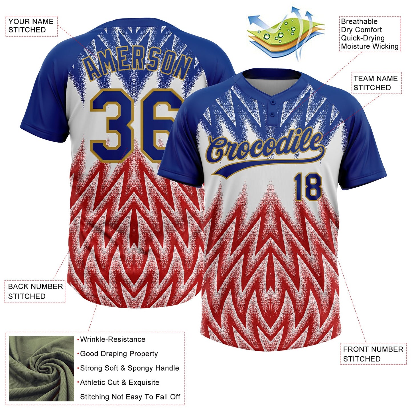 Custom Royal White Red-Old Gold Raglan Sleeves Abstract Geometric Chevron Zigzag Two-Button Unisex Softball Jersey view 3