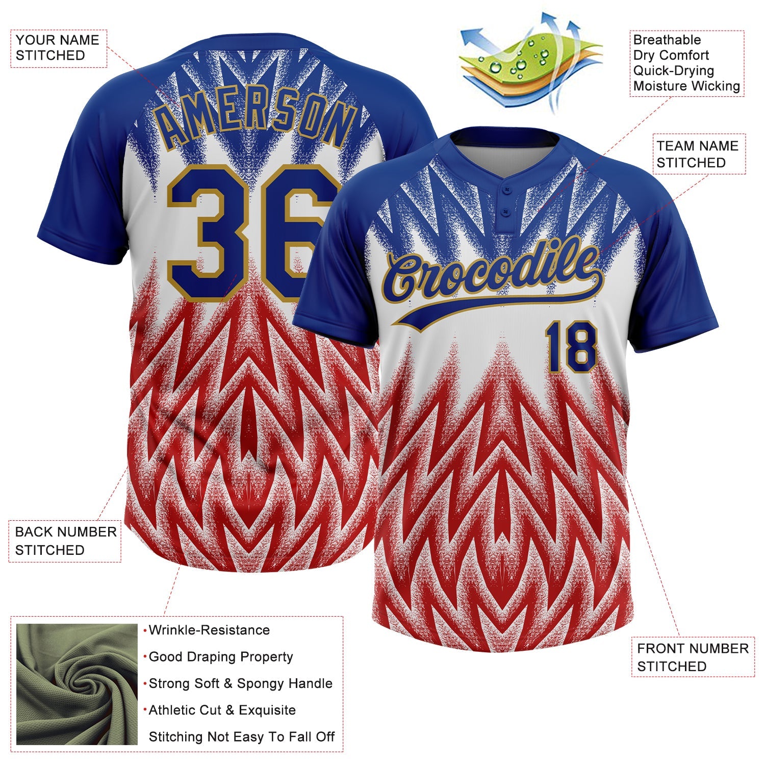 Custom Royal White Red-Old Gold Raglan Sleeves Abstract Geometric Chevron Zigzag Two-Button Unisex Softball Jersey view 3