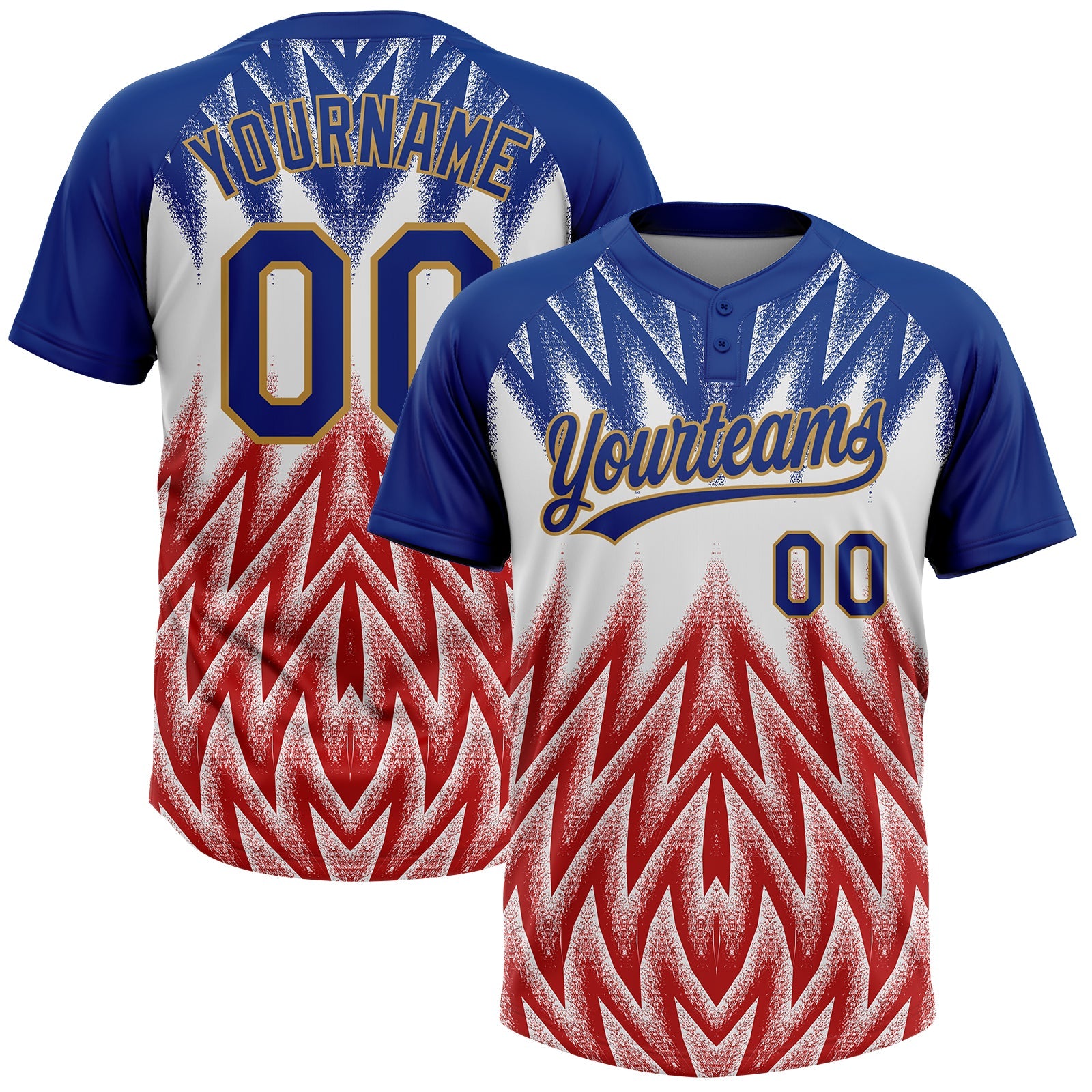 Custom Royal White Red-Old Gold Raglan Sleeves Abstract Geometric Chevron Zigzag Two-Button Unisex Softball Jersey - Main View