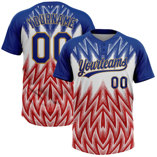 Custom Royal White Red-Old Gold Raglan Sleeves Abstract Geometric Chevron Zigzag Two-Button Unisex Softball Jersey - Main View