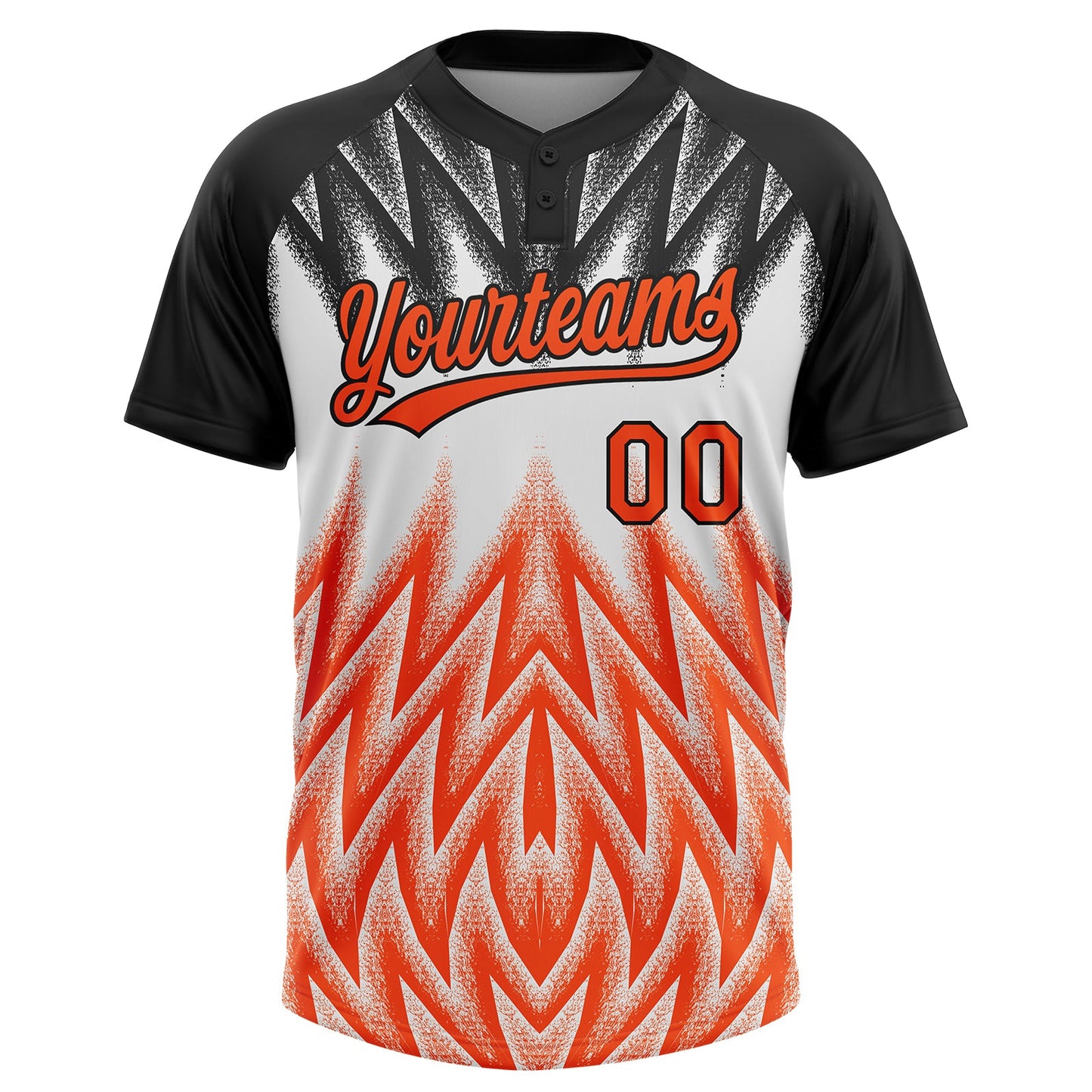 Custom Black Orange-White Raglan Sleeves Abstract Geometric Chevron Zigzag Two-Button Unisex Softball Jersey view 2