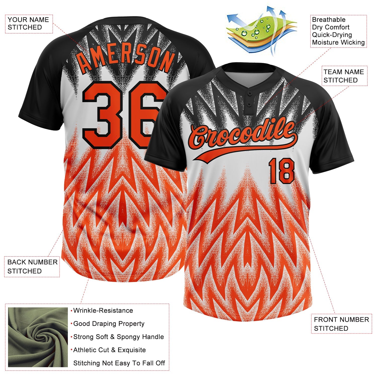 Custom Black Orange-White Raglan Sleeves Abstract Geometric Chevron Zigzag Two-Button Unisex Softball Jersey view 3