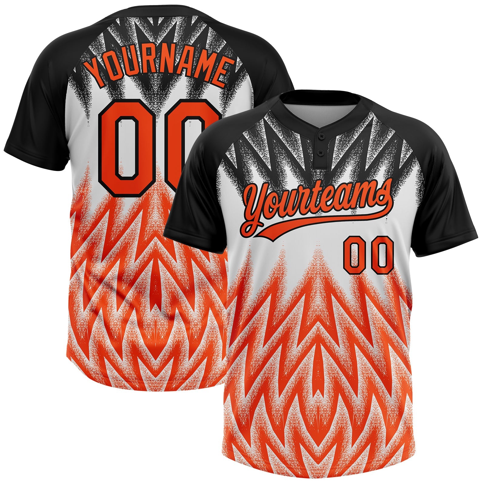 Custom Black Orange-White Raglan Sleeves Abstract Geometric Chevron Zigzag Two-Button Unisex Softball Jersey - Main View