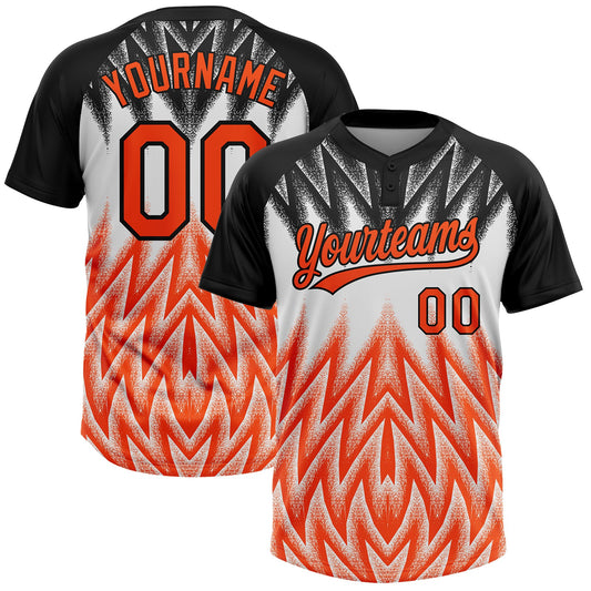 Custom Black Orange-White Raglan Sleeves Abstract Geometric Chevron Zigzag Two-Button Unisex Softball Jersey - Main View