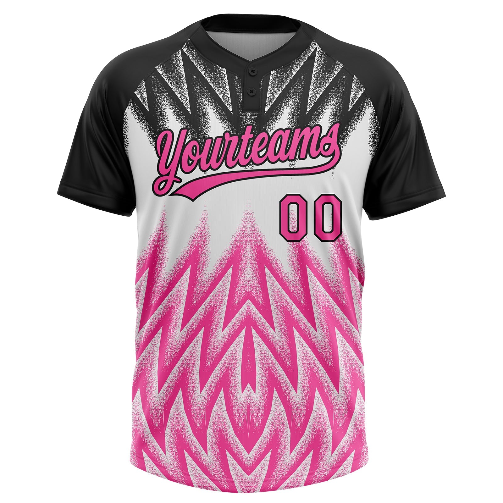 Custom Black Pink-White Raglan Sleeves Abstract Geometric Chevron Zigzag Two-Button Unisex Softball Jersey view 2
