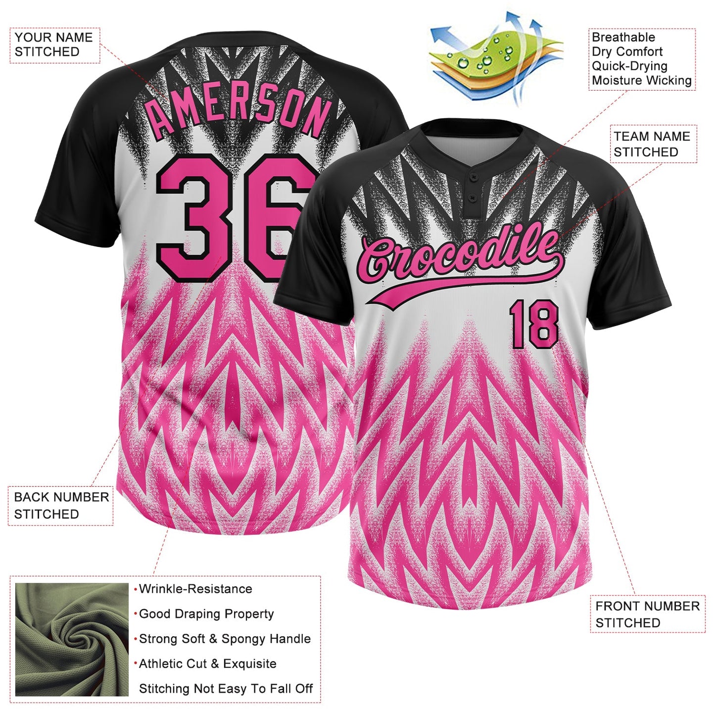 Custom Black Pink-White Raglan Sleeves Abstract Geometric Chevron Zigzag Two-Button Unisex Softball Jersey view 3