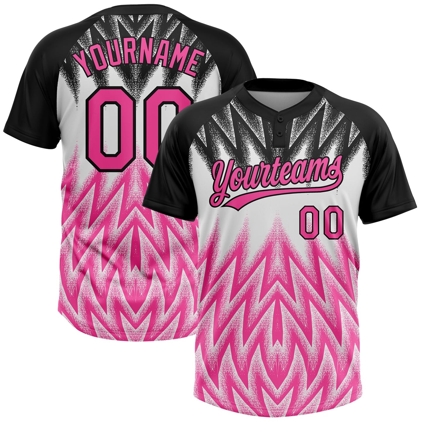 Custom Black Pink-White Raglan Sleeves Abstract Geometric Chevron Zigzag Two-Button Unisex Softball Jersey - Main View