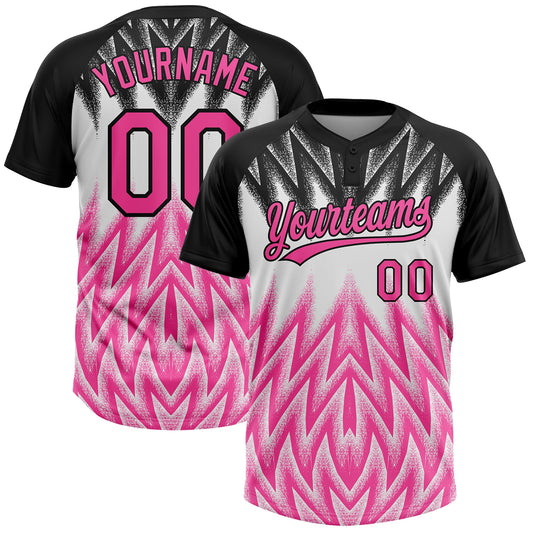 Custom Black Pink-White Raglan Sleeves Abstract Geometric Chevron Zigzag Two-Button Unisex Softball Jersey - Main View