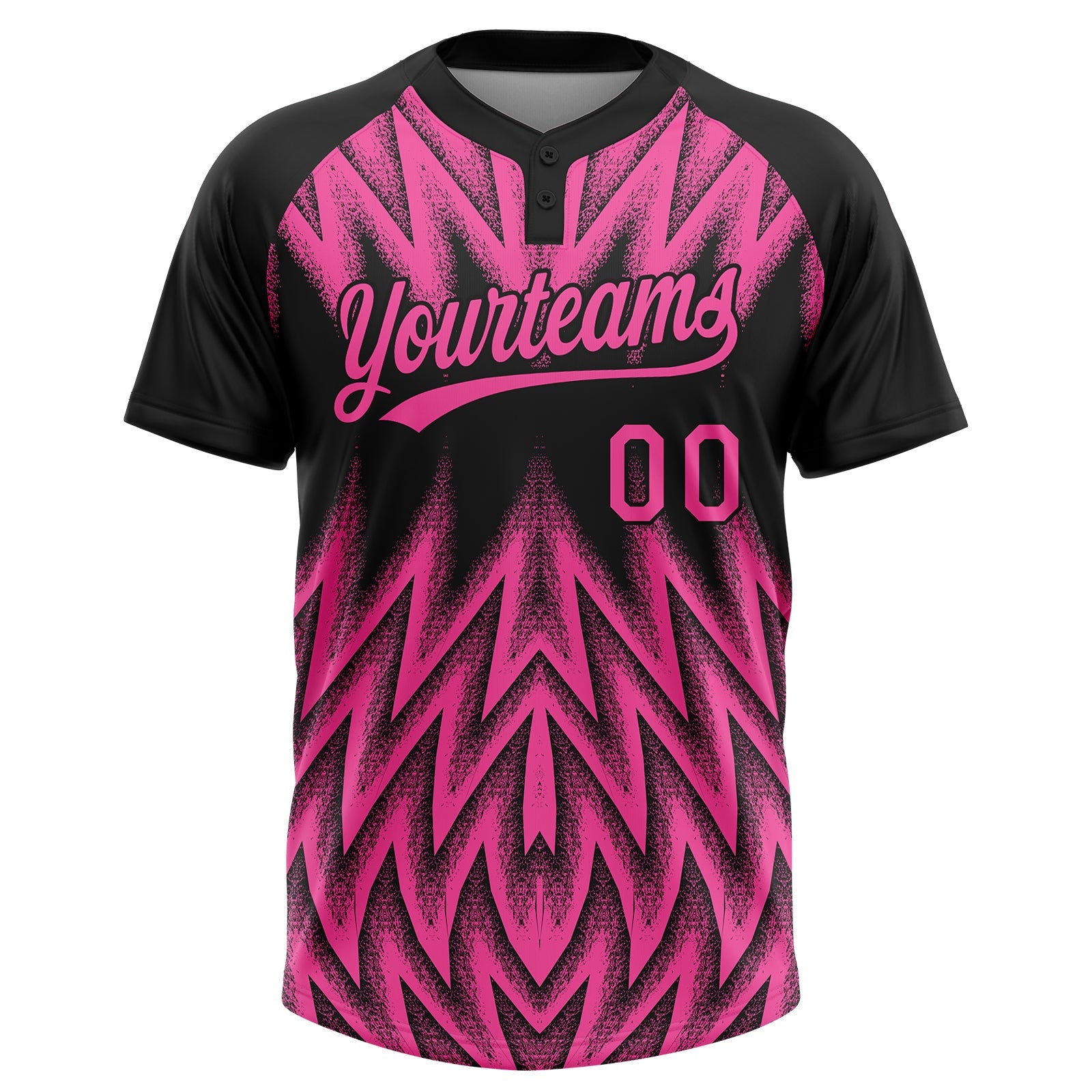 Custom Black-Pink Raglan Sleeves Abstract Geometric Chevron Zigzag Two-Button Unisex Softball Jersey view 2