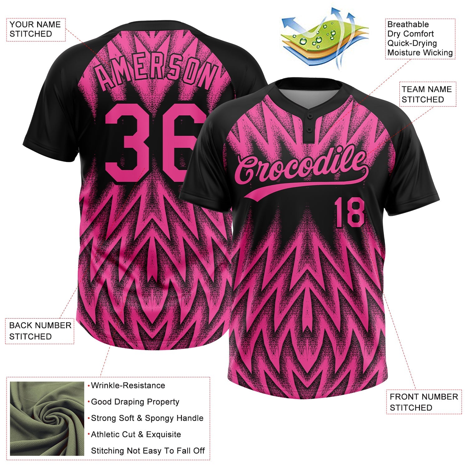 Custom Black-Pink Raglan Sleeves Abstract Geometric Chevron Zigzag Two-Button Unisex Softball Jersey view 3