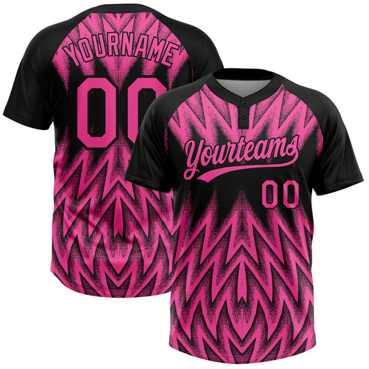 Custom Black-Pink Raglan Sleeves Abstract Geometric Chevron Zigzag Two-Button Unisex Softball Jersey - Main View
