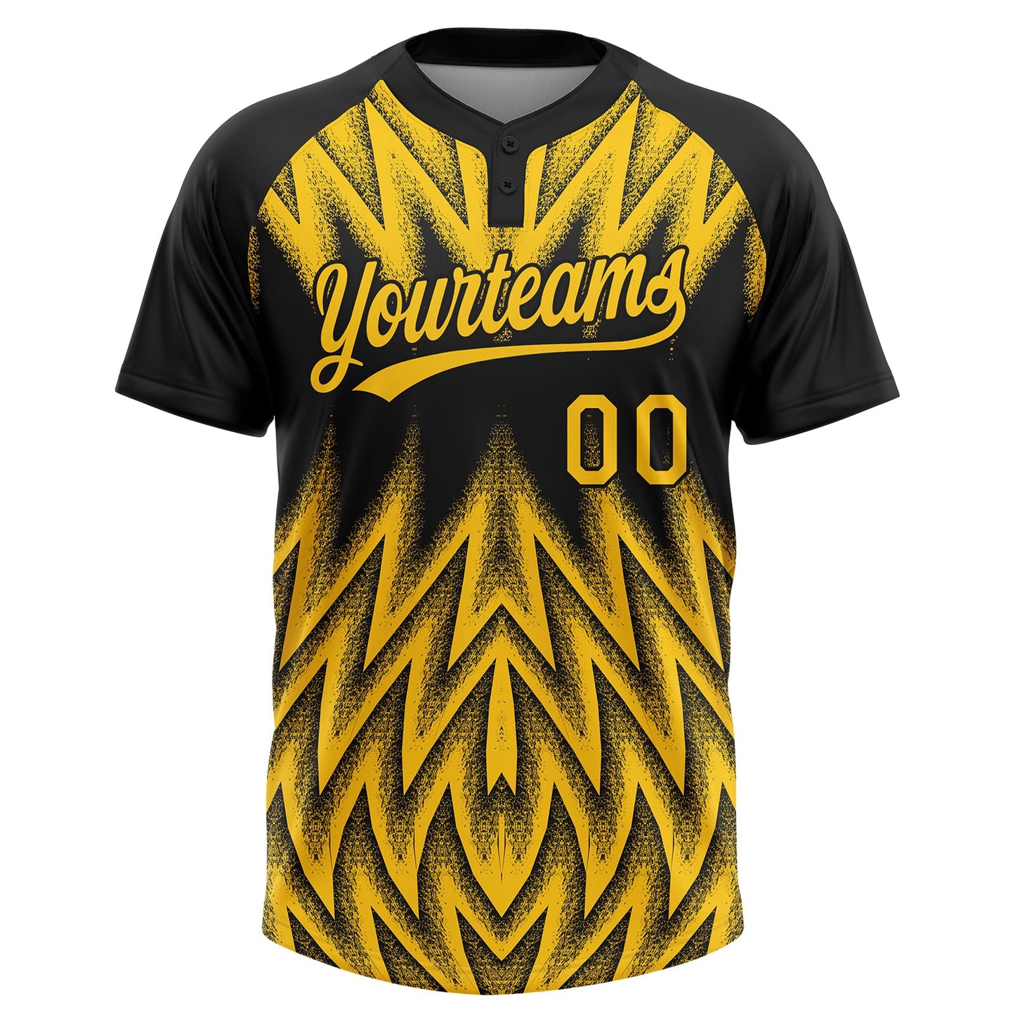Custom Black-Yellow Raglan Sleeves Abstract Geometric Chevron Zigzag Two-Button Unisex Softball Jersey view 2