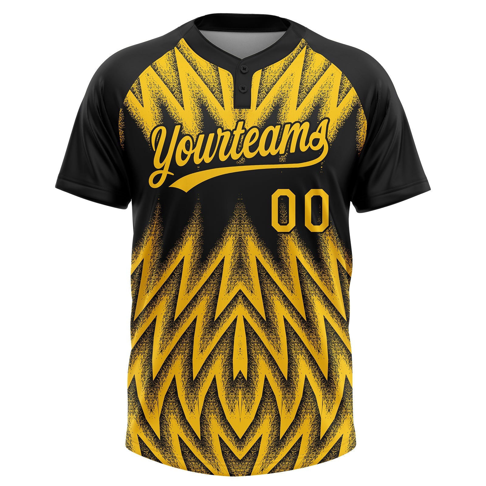 Custom Black-Yellow Raglan Sleeves Abstract Geometric Chevron Zigzag Two-Button Unisex Softball Jersey view 2