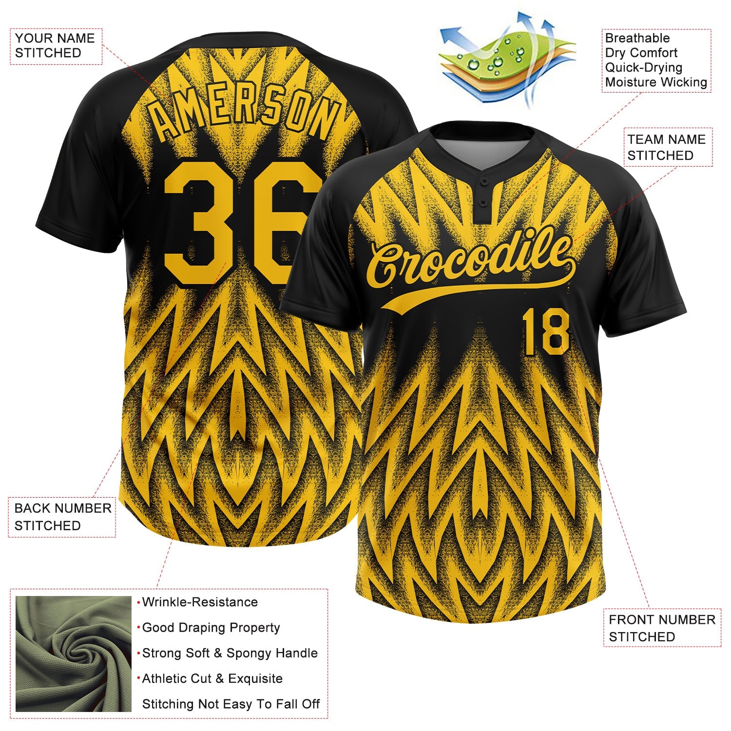 Custom Black-Yellow Raglan Sleeves Abstract Geometric Chevron Zigzag Two-Button Unisex Softball Jersey view 3