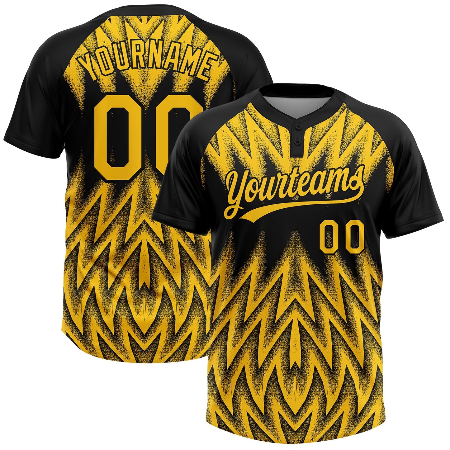 Custom Black-Yellow Raglan Sleeves Abstract Geometric Chevron Zigzag Two-Button Unisex Softball Jersey - Main View