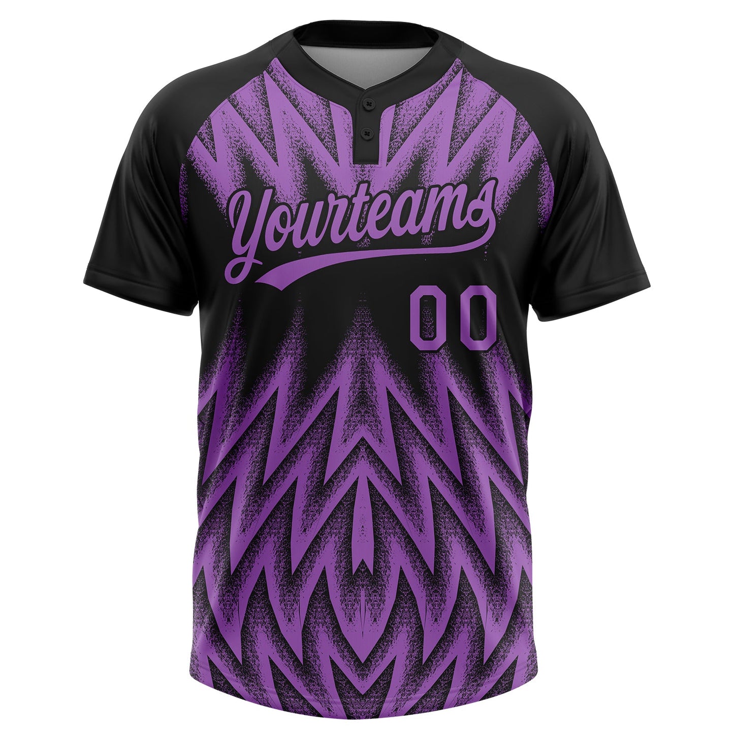 Custom Black-Purple Raglan Sleeves Abstract Geometric Chevron Zigzag Two-Button Unisex Softball Jersey view 2