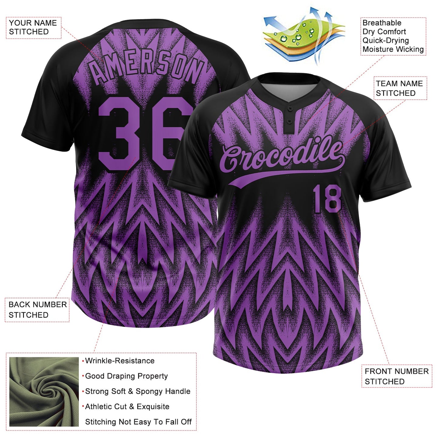 Custom Black-Purple Raglan Sleeves Abstract Geometric Chevron Zigzag Two-Button Unisex Softball Jersey view 3