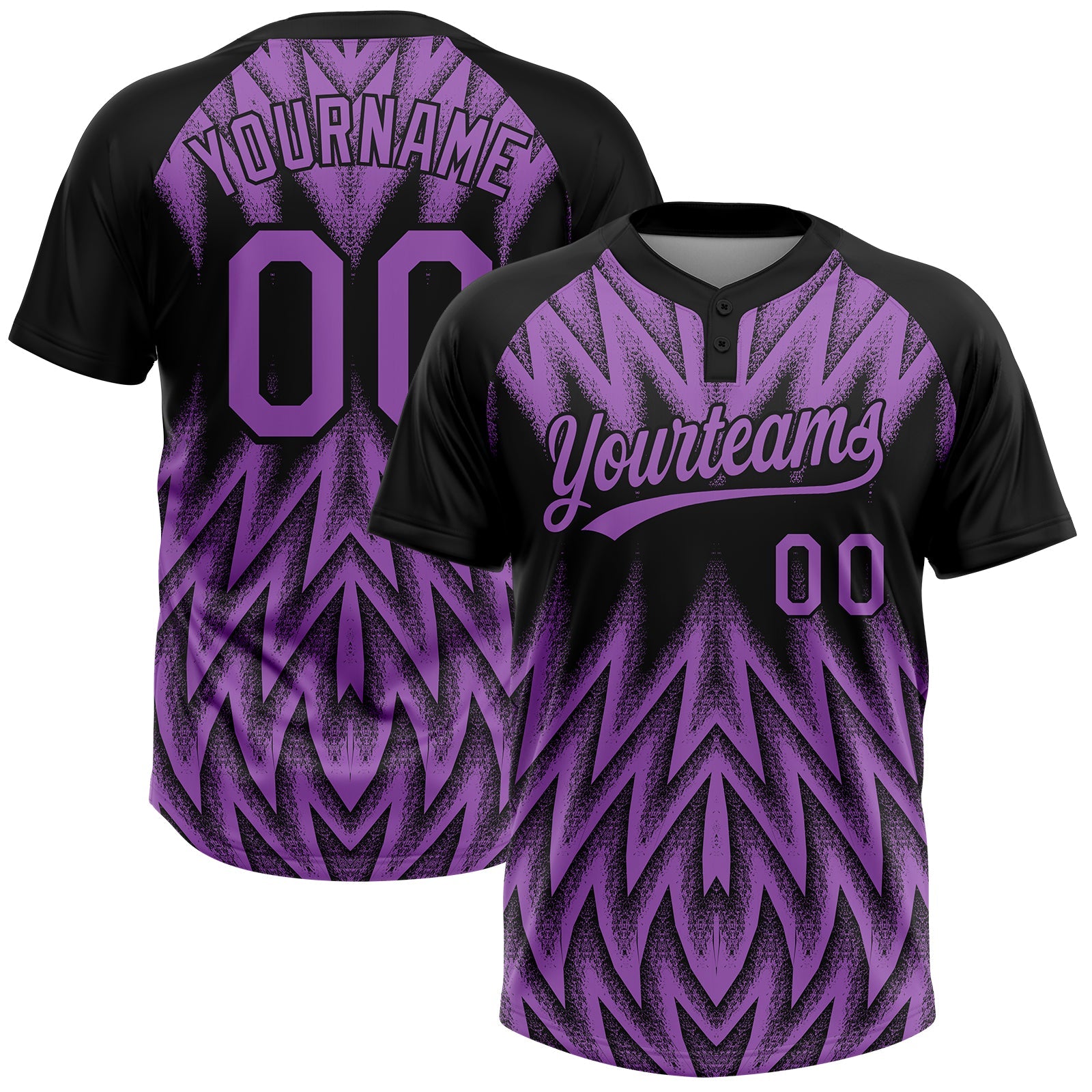 Custom Black-Purple Raglan Sleeves Abstract Geometric Chevron Zigzag Two-Button Unisex Softball Jersey - Main View