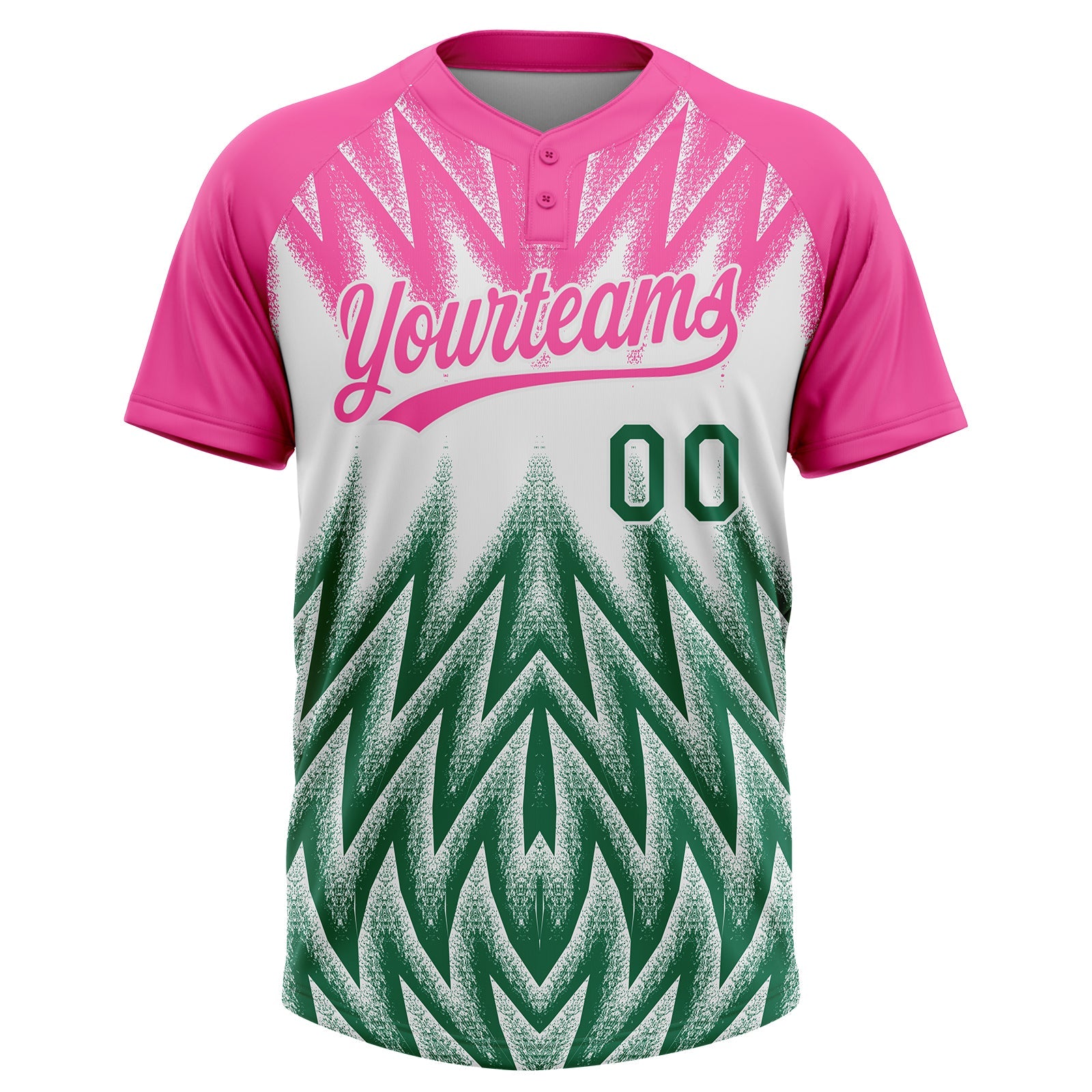 Custom Pink Kelly Green-White Raglan Sleeves Abstract Geometric Chevron Zigzag Two-Button Unisex Softball Jersey view 2