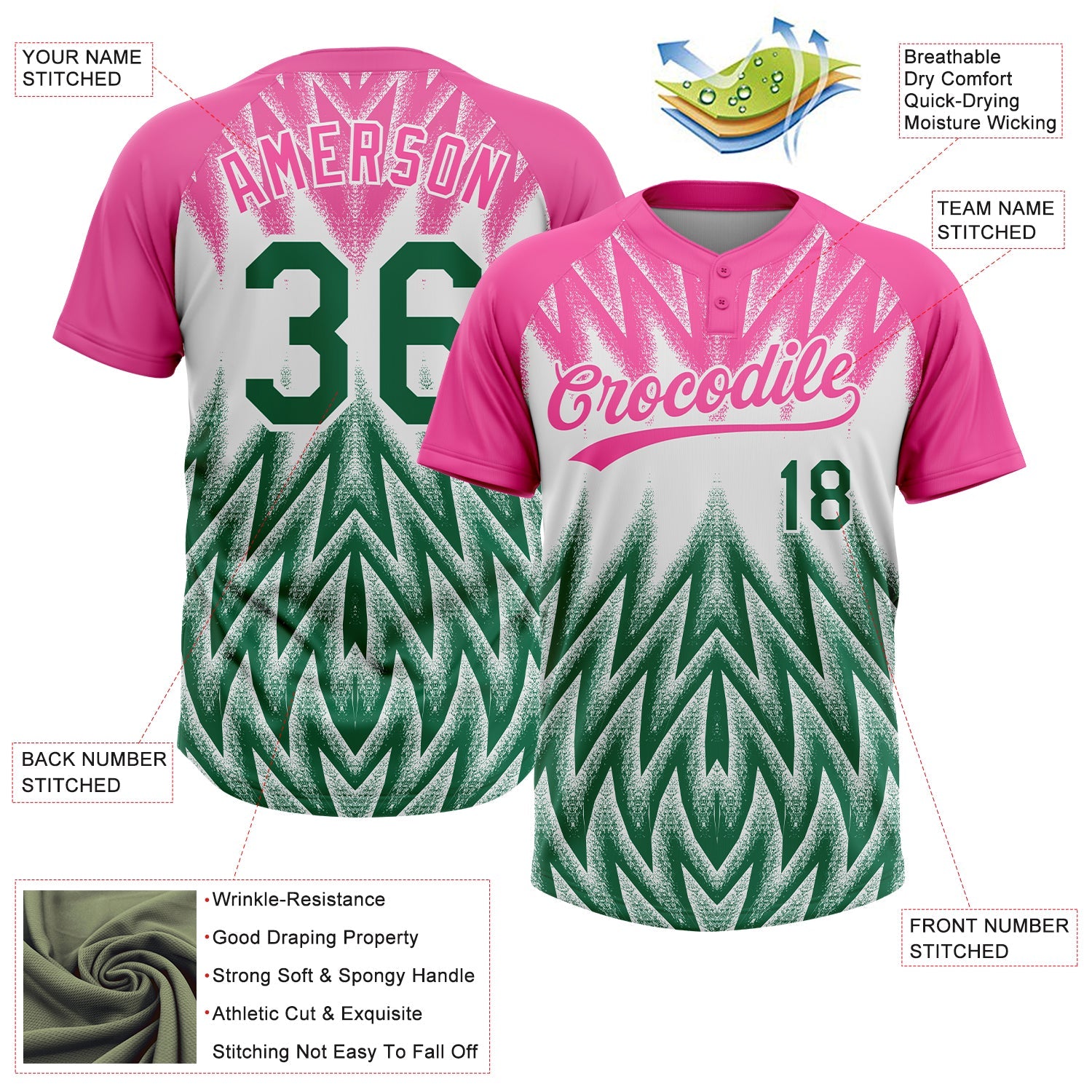 Custom Pink Kelly Green-White Raglan Sleeves Abstract Geometric Chevron Zigzag Two-Button Unisex Softball Jersey view 3
