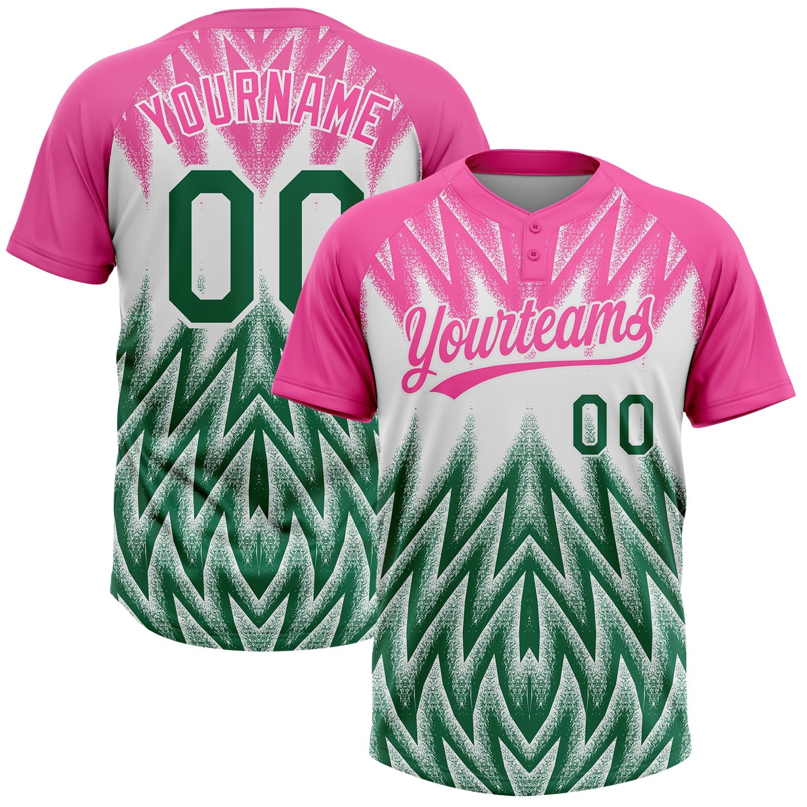 Custom Pink Kelly Green-White Raglan Sleeves Abstract Geometric Chevron Zigzag Two-Button Unisex Softball Jersey - Main View