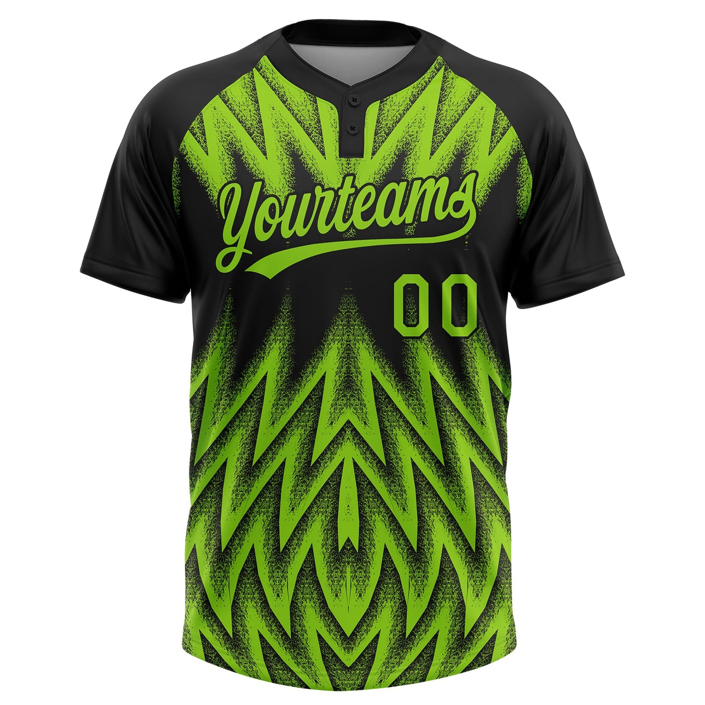 Custom Black-Neon Green Raglan Sleeves Abstract Geometric Chevron Zigzag Two-Button Unisex Softball Jersey view 2