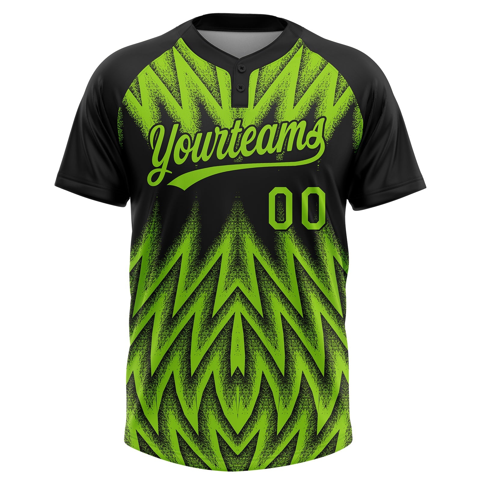 Custom Black-Neon Green Raglan Sleeves Abstract Geometric Chevron Zigzag Two-Button Unisex Softball Jersey view 2