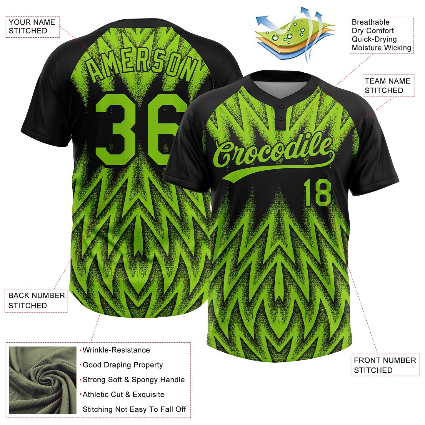 Custom Black-Neon Green Raglan Sleeves Abstract Geometric Chevron Zigzag Two-Button Unisex Softball Jersey view 3