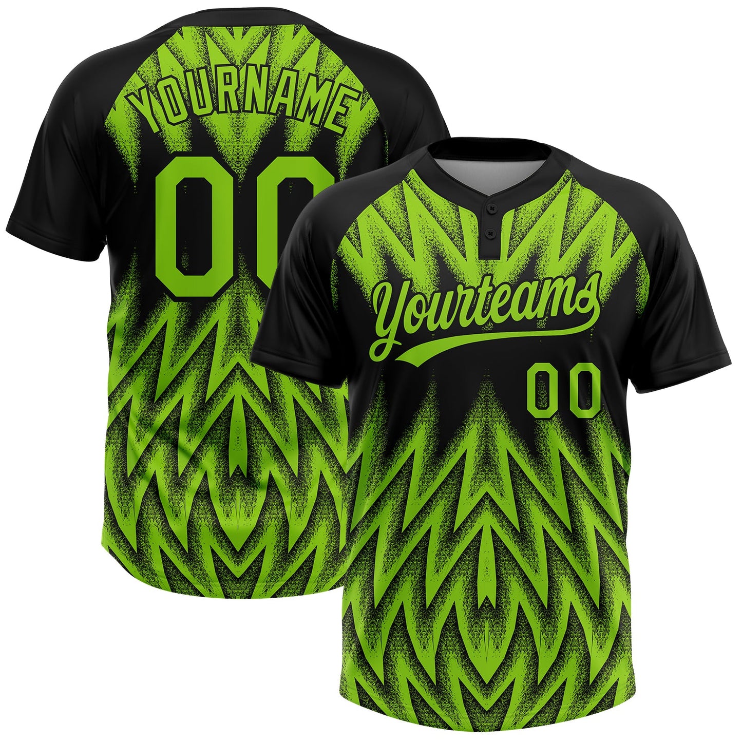 Custom Black-Neon Green Raglan Sleeves Abstract Geometric Chevron Zigzag Two-Button Unisex Softball Jersey - Main View