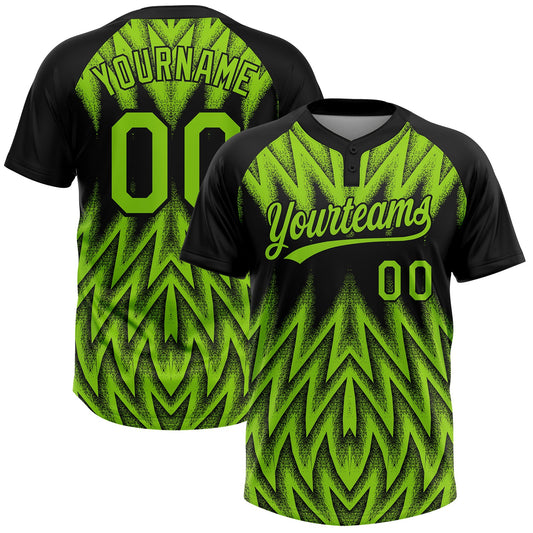 Custom Black-Neon Green Raglan Sleeves Abstract Geometric Chevron Zigzag Two-Button Unisex Softball Jersey - Main View