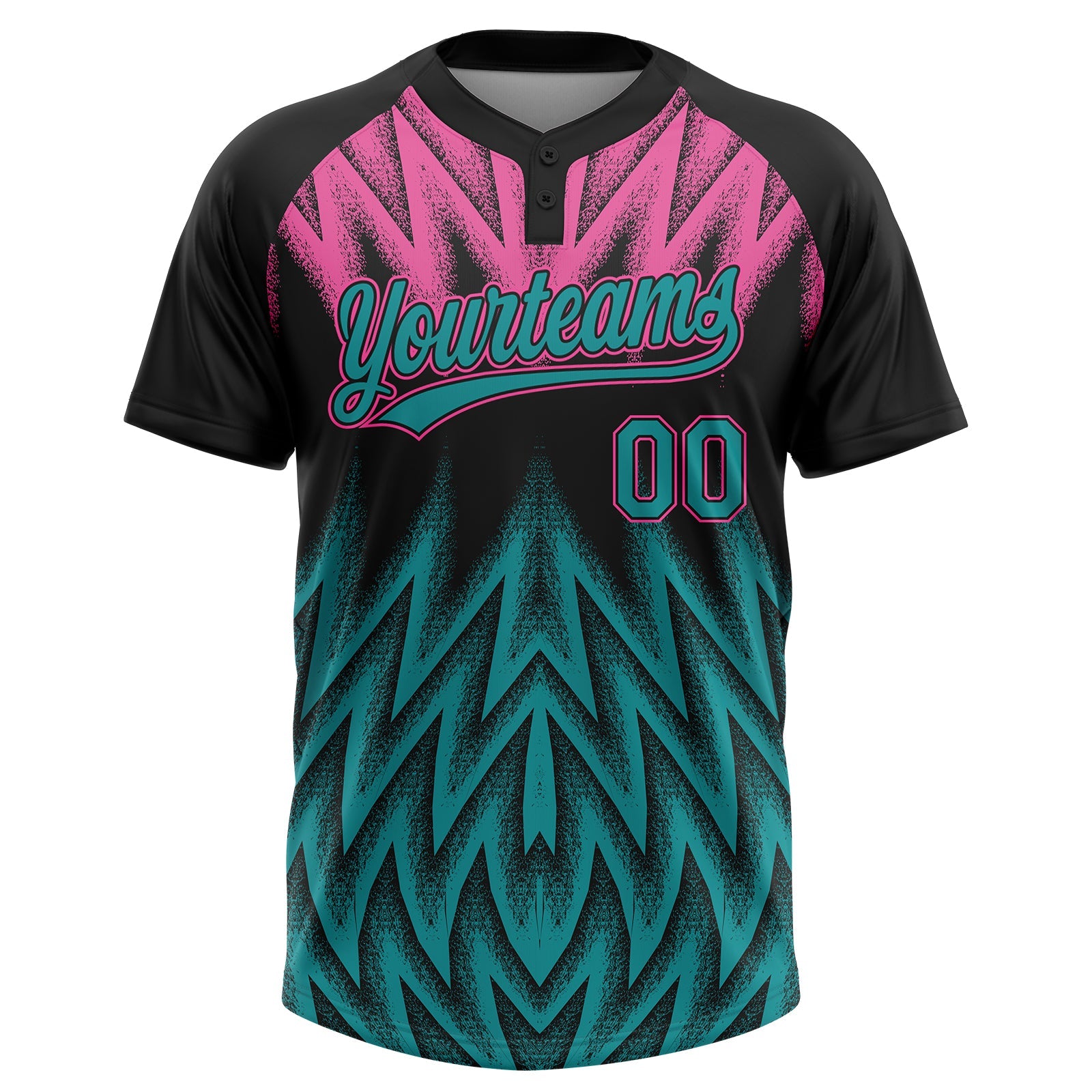Custom Black Teal-Pink Raglan Sleeves Abstract Geometric Chevron Zigzag Two-Button Unisex Softball Jersey view 2