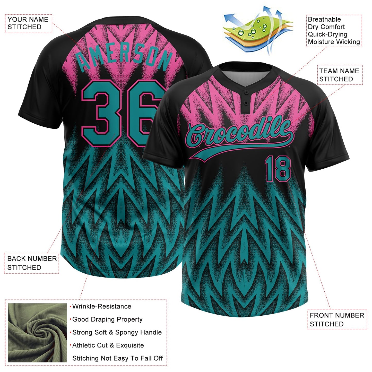 Custom Black Teal-Pink Raglan Sleeves Abstract Geometric Chevron Zigzag Two-Button Unisex Softball Jersey view 3