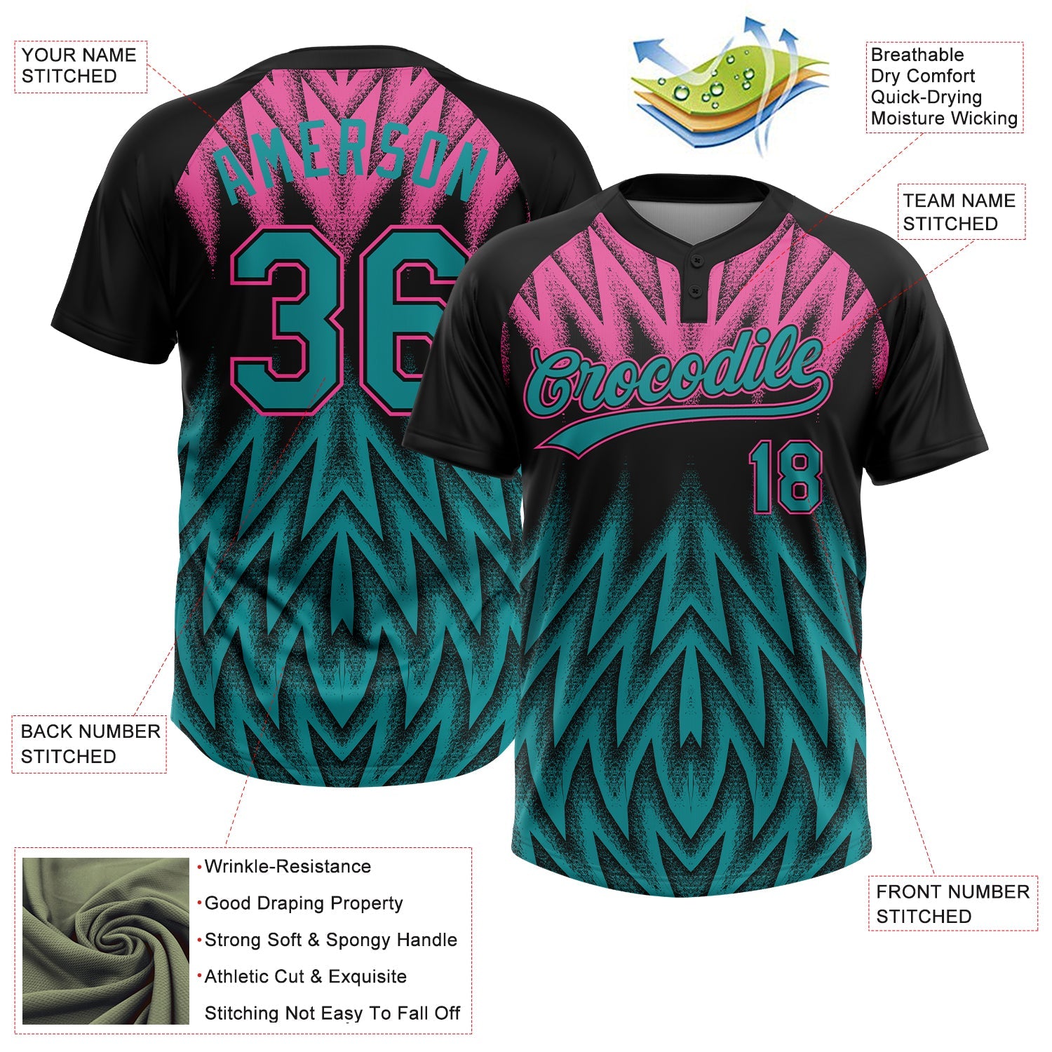 Custom Black Teal-Pink Raglan Sleeves Abstract Geometric Chevron Zigzag Two-Button Unisex Softball Jersey view 3