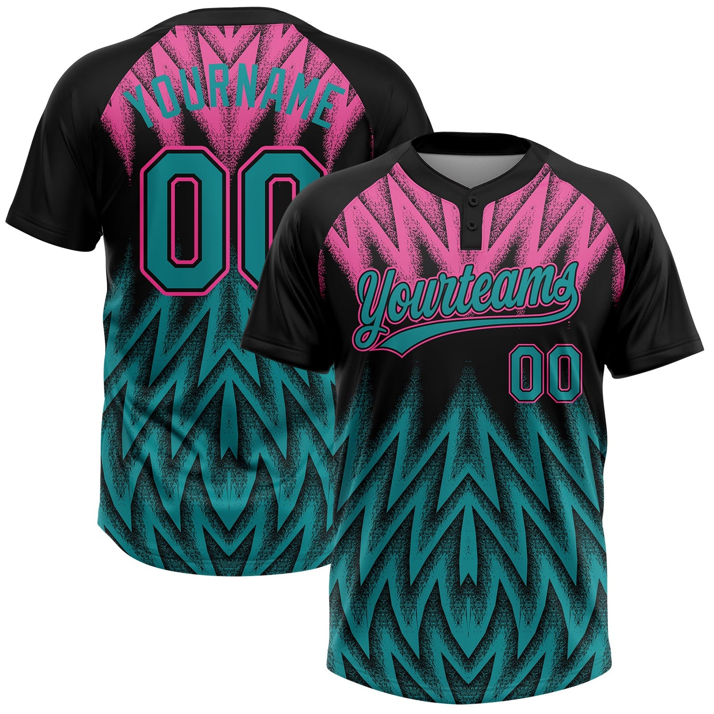 Custom Black Teal-Pink Raglan Sleeves Abstract Geometric Chevron Zigzag Two-Button Unisex Softball Jersey - Main View