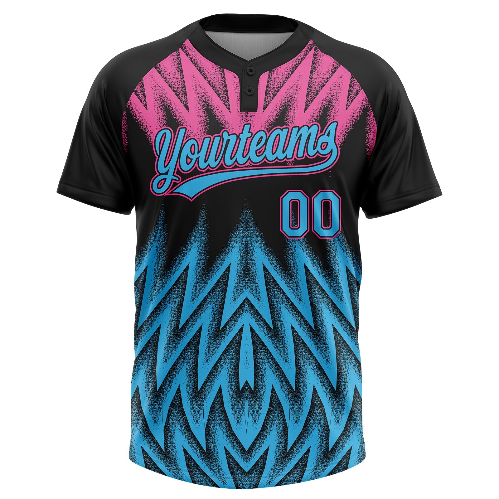 Custom Black Sky Blue-Pink Raglan Sleeves Abstract Geometric Chevron Zigzag Two-Button Unisex Softball Jersey view 2